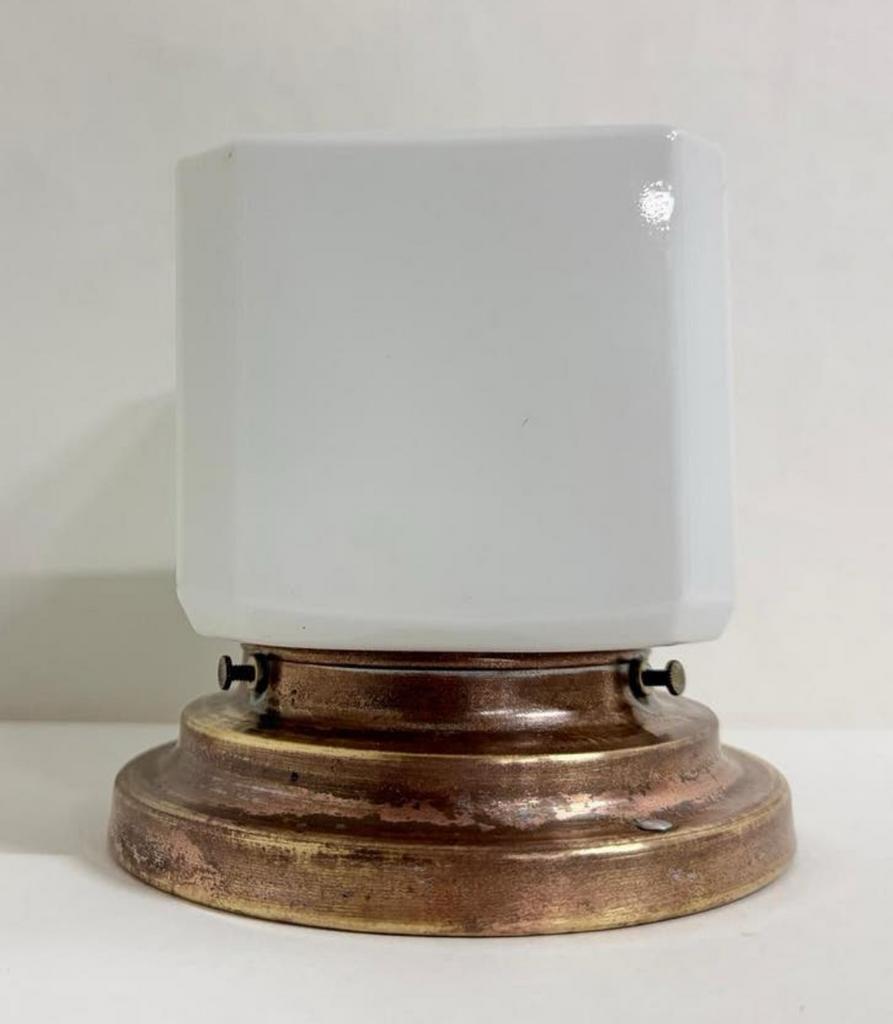 Vintage Gispen Kubus wit opaalglas met koperen armatuur, Ophalen of Verzenden