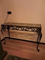 Sierlijke gietijzeren tafel met glazen blad, Ophalen of Verzenden, 25 tot 50 cm, Rechthoekig, 100 tot 150 cm