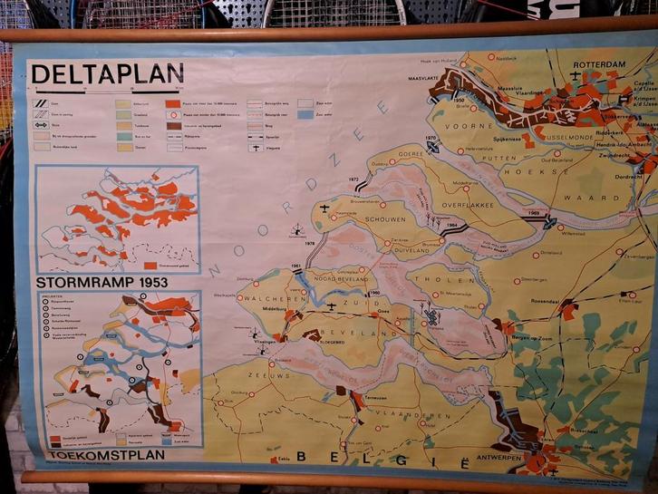Oude schoolkaart Deltaplan - Nederland, Antiek en Kunst, Antiek | Schoolplaten, Aardrijkskunde, Ophalen of Verzenden