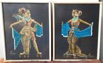Vintage set 2 Indonesische dansers dansen schilderij lijsten, Minder dan 50 cm, Ophalen of Verzenden, Zo goed als nieuw, Schilderij