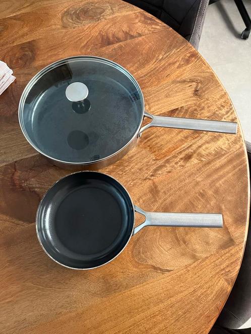 Hapjespan met glazen deksel & koekenpan, Huis en Inrichting, Keuken | Potten en Pannen, Gebruikt, Koekenpan of Braadpan, Rvs, Inductieplaat