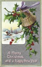 Antiek*Kerst*Zilveropdruk*Klokje*Hulst*Brocante*Relief *Mooi, Ophalen of Verzenden, Voor 1920, Gelopen, Feest(dag)