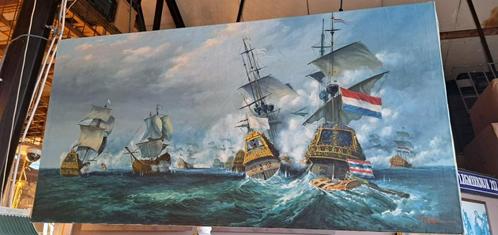 Groot schilderij op doek Zeeslag 180 cm breed en 90 cm hoog, Antiek en Kunst, Curiosa en Brocante, Ophalen