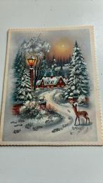 Klein dubbel kerstkaartje, huizen,sneeuw,hert.Glitter zilver, Ophalen of Verzenden