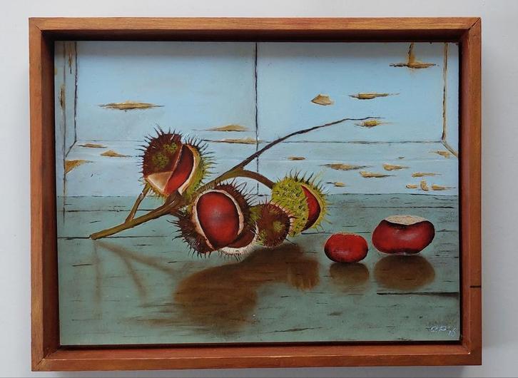Herfst Stilleven met Kastanjes - Paneelschilderij, Antiek en Kunst, Kunst | Schilderijen | Klassiek, Ophalen of Verzenden