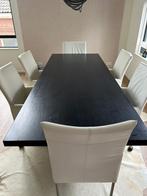 Eethoek zwart met metalen onderstel & 6 witte leren  stoelen, Huis en Inrichting, Ophalen, Gebruikt, Eikenhout, 200 cm of meer