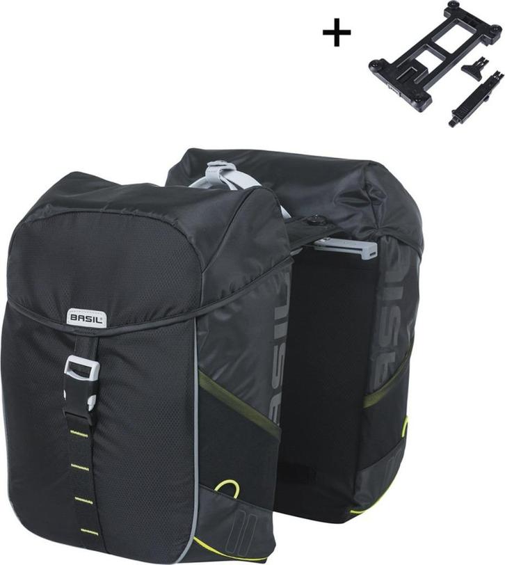 ZGAN Basil Miles dubbele fietstas MIK, 34L, black lime, Fietsen en Brommers, Fietsaccessoires | Fietstassen, Zo goed als nieuw