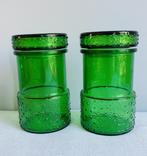Vintage groene glazen voorraadpotten versierd glas sixties, Ophalen of Verzenden
