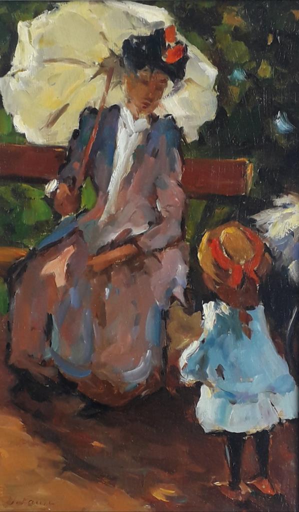 DAME MET PARASOL + MEISJE>FIGUREN>PARK>OUD>IMPRESSIONISME, Antiek en Kunst, Kunst | Schilderijen | Klassiek, Ophalen of Verzenden