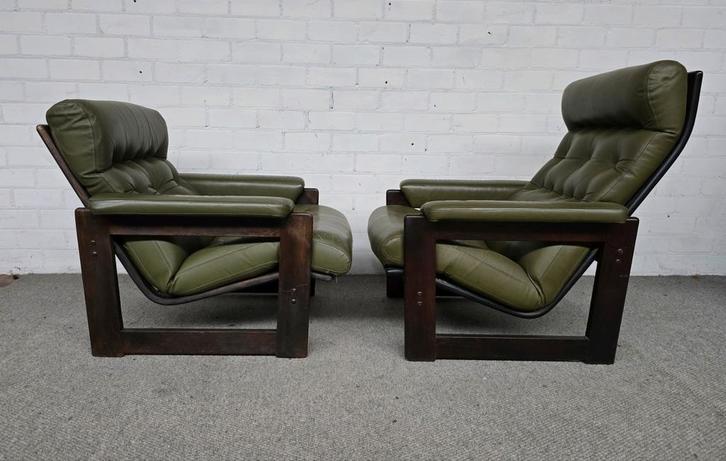 2 vintage fauteuils, leer, jaren 70, Huis en Inrichting, Fauteuils, Gebruikt, Leer, 50 tot 75 cm, 75 tot 100 cm, Ophalen of Verzenden