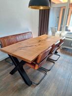 Boomstam tafel met lederen bank en stoelen. Industrieel, Huis en Inrichting, Complete eetkamers, Ophalen, Gebruikt