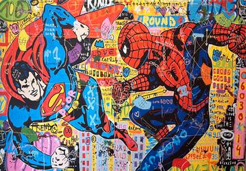 Superman & Spijder man- Canvasdoek- Mixed Media-70x100cm beschikbaar voor biedingen