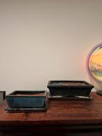 Twee blauwgeglazuurde bonsai potsets, Gebruikt, Ophalen of Verzenden, Balkon, Aardewerk