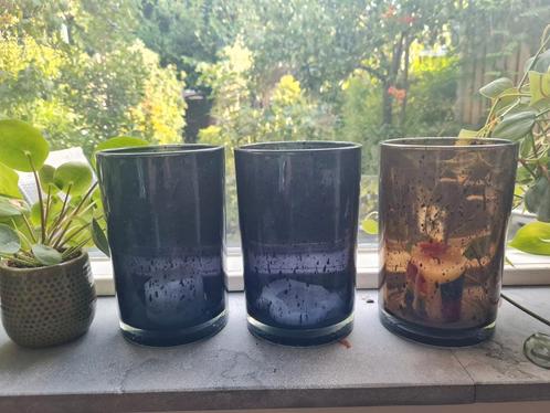 3 glazen windlichten, Huis en Inrichting, Woonaccessoires | Kandelaars en Kaarsen, Zo goed als nieuw, Kandelaar, Minder dan 25 cm