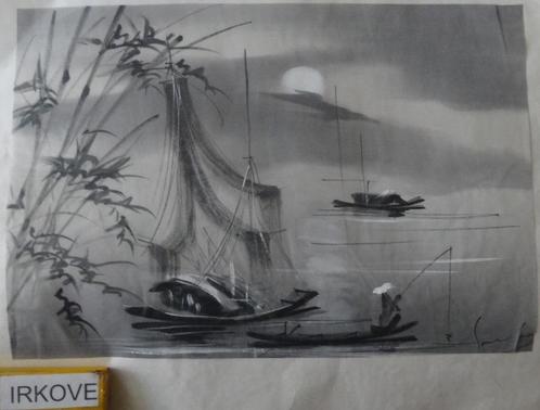 2 X OP ZIJDE GESCHILDERD * SFEERVOL * Japanse Vissers *, Antiek en Kunst, Kunst | Niet-Westerse kunst, Verzenden