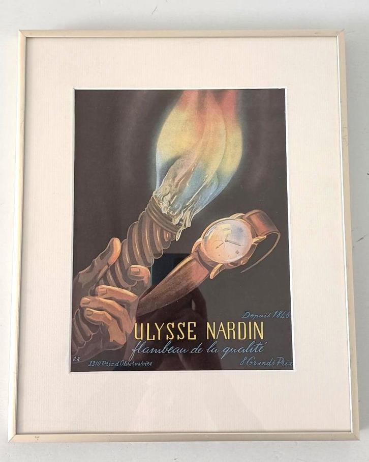 ingelijste mid century vintage horloge advertentie Ulysse, Verzamelen, Merken en Reclamevoorwerpen, Gebruikt, Overige typen, Ophalen of Verzenden