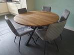 EETKAMERTAFEL ROND MASSIEF EIKEN/ 4 EETKAMERSTOEL MILO XOOON, Ophalen, Gebruikt, Vier personen, 100 tot 150 cm