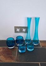 Blauw glazen decoratie set – theelichthouders & vazen, Huis en Inrichting, Ophalen, Blauw, Minder dan 50 cm, Glas