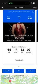 2x Rij 1 zitplekken RAYE 28 jan vak 111 stoel 376 + 377, Tickets en Kaartjes, Concerten | Pop, Twee personen, Januari