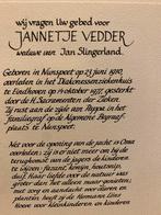 Vedder x Slingerland 1910 Nunspeet 1977 Eindhoven, Verzamelen, Bidprentjes en Rouwkaarten, Ophalen of Verzenden, Bidprentje