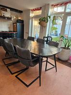 Zwarte eettafel (visgraat) met 6 luxe suède eetkamerstoelen, Huis en Inrichting, Tafels | Eettafels, Ophalen, Gebruikt, 200 cm of meer