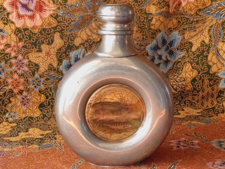 Mooie oude Bushmaster jachtfles uit Engeland van tin 20,2 cm, Antiek en Kunst, Antiek | Tin, Ophalen of Verzenden