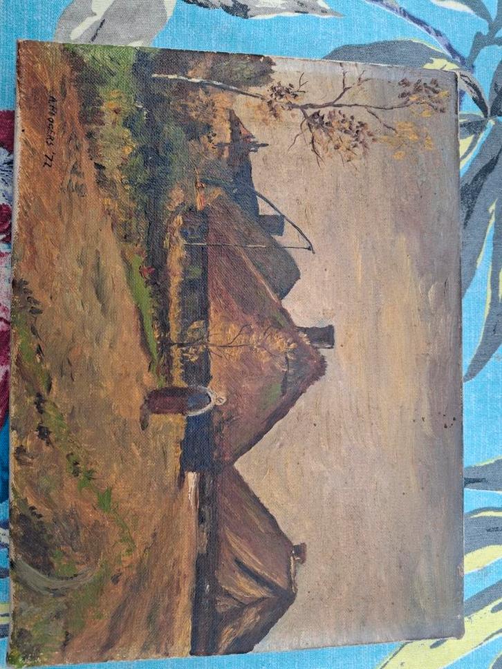 Schilderij A.H. Ogers '72 - Landschap met boerderijen, Antiek en Kunst, Kunst | Schilderijen | Klassiek, Ophalen of Verzenden