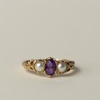 vintage 9 karaat gouden ring met amethist en parel, Met edelsteen, Verzenden, Zo goed als nieuw, 17 tot 18