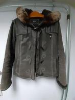 Winterjas dames, leer met kraag van kunstbont, Blauw, Maat 42/44 (L), Ophalen of Verzenden, Gedragen