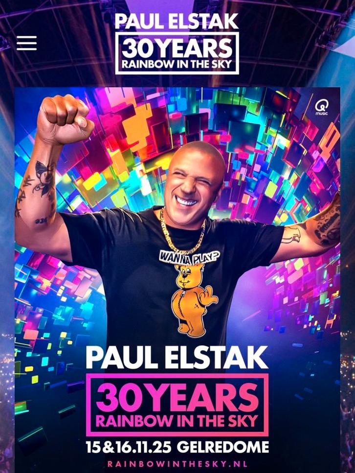 2 tickets voor Dj Paul Elstak" rainbow in the sky 30 jaar", Tickets en Kaartjes, Concerten | House, Techno en Trance, Twee personen