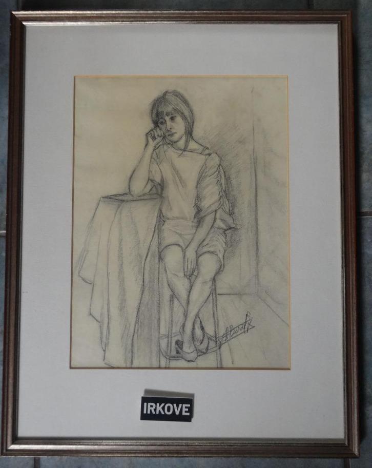 WACHTENDE VROUW * Tekening in Lijst *, Antiek en Kunst, Kunst | Tekeningen en Foto's, Ophalen of Verzenden