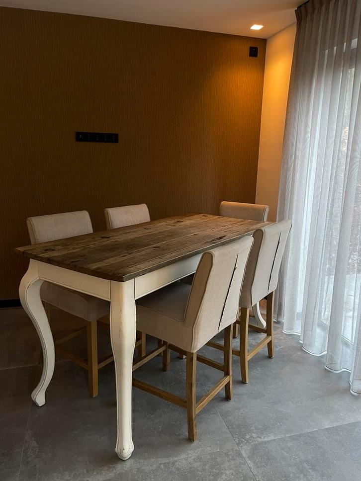 Riviera Maison Driftwood Bartafel 1.70x75 incl 6 barstoelen, Huis en Inrichting, Complete eetkamers, Zo goed als nieuw, 4 tot 6 stoelen