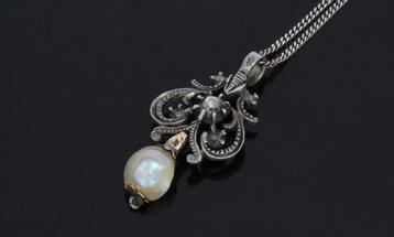 Roos diamant parel antieke gouden en zilveren ketting hanger beschikbaar voor biedingen