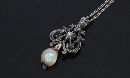 Roos diamant parel antieke gouden en zilveren ketting hanger, Sieraden, Tassen en Uiterlijk, Antieke sieraden, Ketting, Goud, Met edelsteen