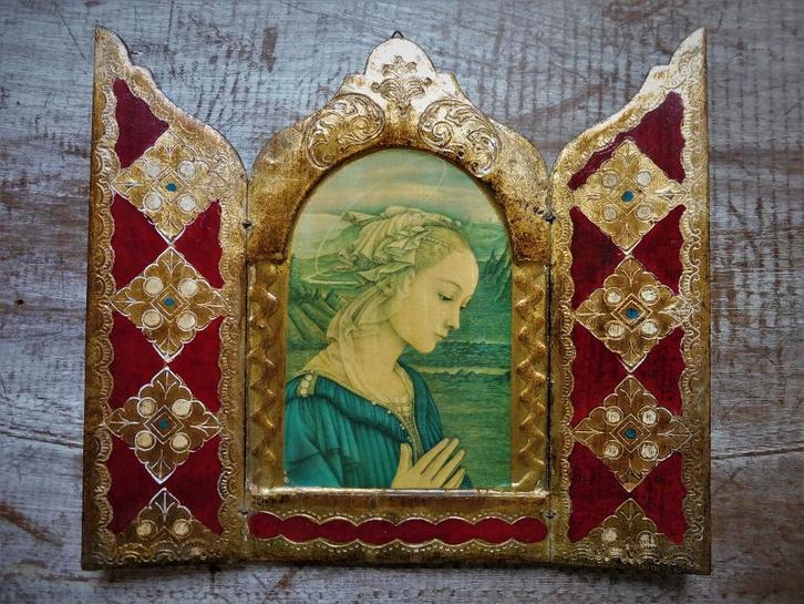 Goud verguld 3 luik drieluik Icoon Maria naar Filippo Lippi, Antiek en Kunst, Antiek | Religie, Ophalen of Verzenden
