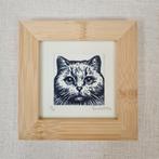 Ets kat in lijst 10x10 cm, Antiek en Kunst, Ophalen of Verzenden