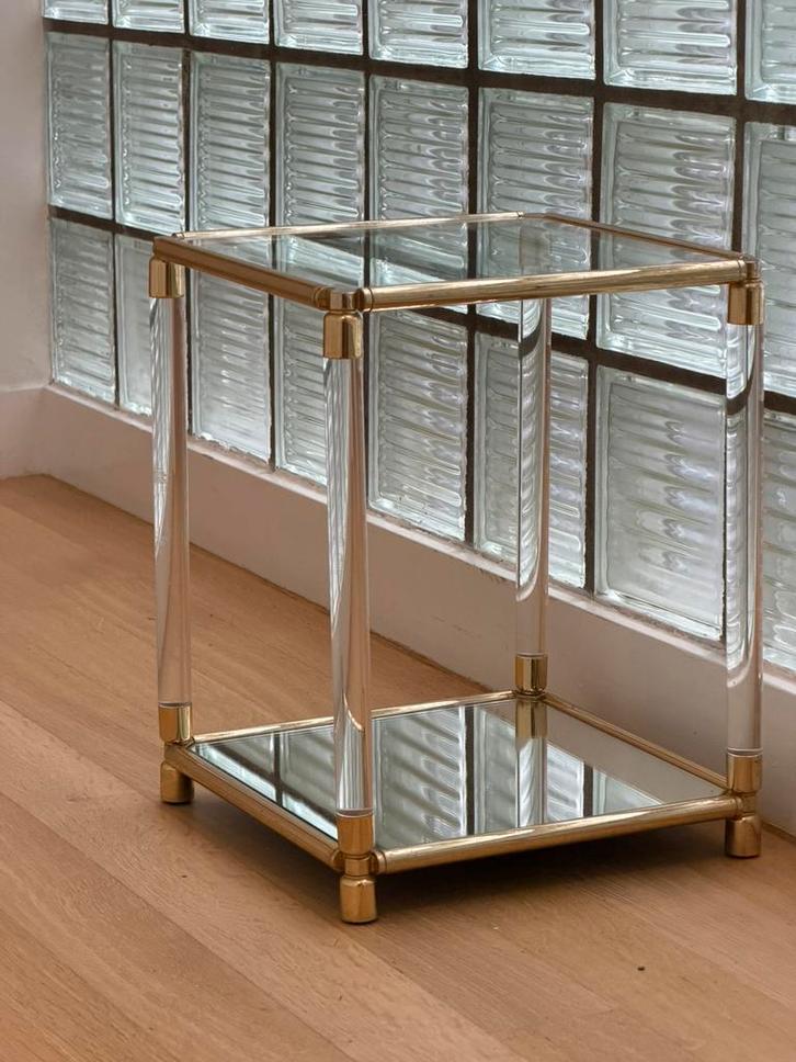 Vintage bijzettafel met glazen bladen, Huis en Inrichting, Tafels | Bijzettafels, Gebruikt, Vierkant, Minder dan 45 cm, Minder dan 55 cm