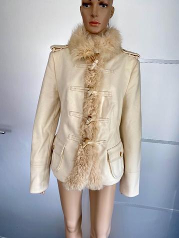 H726 Drykorn: maat 40=M wollen jas winterjas wol beige bont beschikbaar voor biedingen