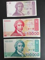 3 bankbiljetten UNC - Kroatië 5, 50.000 en 100.000 Dinar, Ophalen of Verzenden, Overige landen, Setje