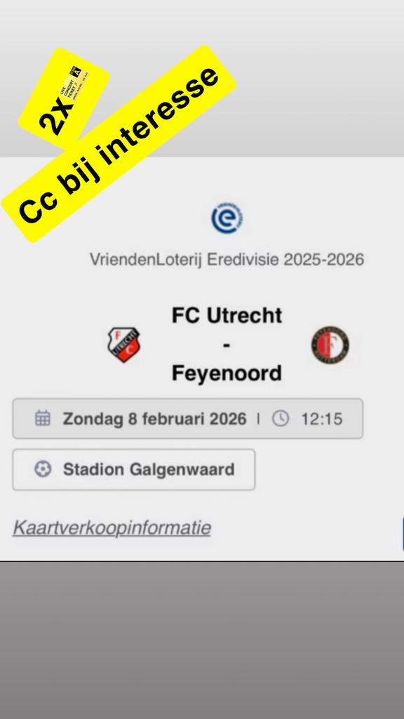 2 tickets Fc Utrecht - Feyenoord, Tickets en Kaartjes, Losse kaart, Twee personen, Februari