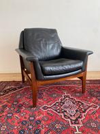 Vintage design Bovenkamp fauteuil zwart leer/hout Midcentury, Ophalen, Gebruikt, 50 tot 75 cm, Leer