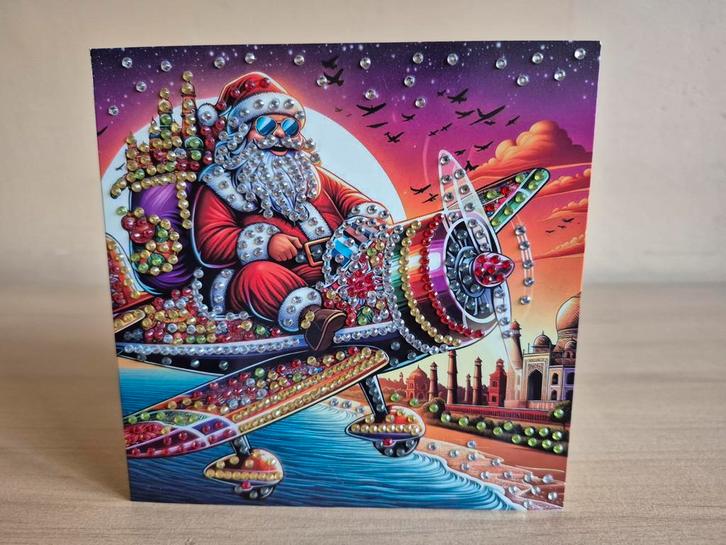 Daimond painting kaart- kerstman in het vluegtuig (31), Hobby en Vrije tijd, Kaarten | Zelfgemaakt, Nieuw, Kerst, Ophalen of Verzenden