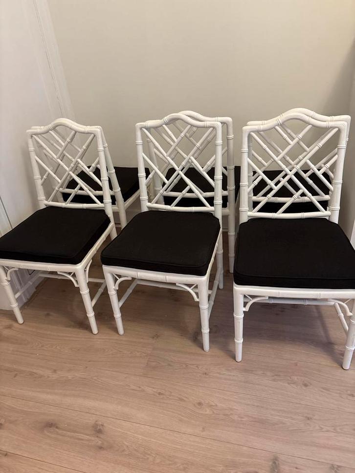 Zes Jonathan Adler Faux Bamboo eetkamer stoelen, Huis en Inrichting, Stoelen, Zo goed als nieuw, Vier, Stof, Zwart, Ophalen of Verzenden