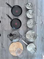 Complete pannenset met Tefal pannen + braadpan & snijplank, Huis en Inrichting, Keuken | Potten en Pannen, Ophalen, Gebruikt, Rvs