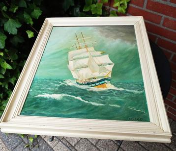 Oude schilderij op doek(drie master op volle zee) gesigneerd beschikbaar voor biedingen