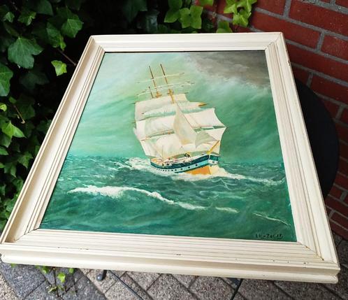 Oude schilderij op doek(drie master op volle zee) gesigneerd, Antiek en Kunst, Kunst | Schilderijen | Klassiek, Ophalen of Verzenden