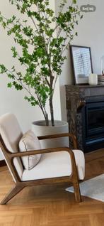Scandinavische fauteuil met beige stof en walnotenhout, Huis en Inrichting, Fauteuils, Ophalen, Hout, Sca, 75 tot 100 cm