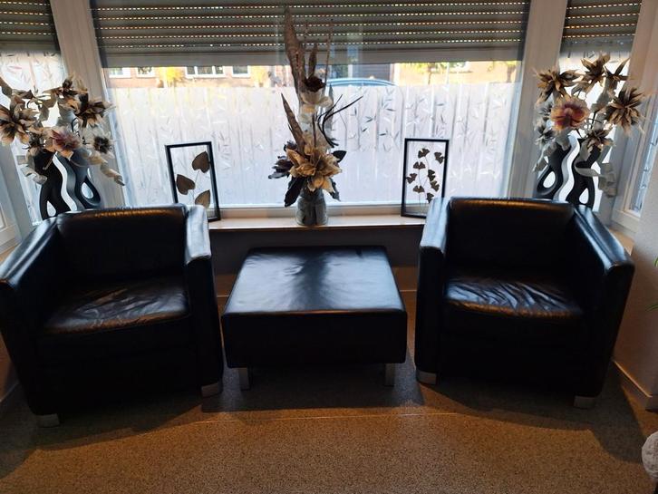 Montel Fauteuils + Hocker - Echt Leer, Huis en Inrichting, Fauteuils, Gebruikt, Leer, 75 tot 100 cm, 75 tot 100 cm, Ophalen