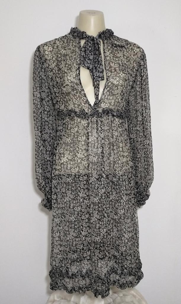 Grijze gebloemde zwarte jurk van 100% zijde by Malene Birger, Kleding | Dames, Jurken, Zo goed als nieuw, Maat 38/40 (M), Grijs