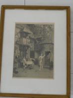 gravure - DORPSTAFEREEL -CONVERSATIE- afmeting lijst 32x42cm, Antiek en Kunst, Kunst | Etsen en Gravures, Ophalen of Verzenden